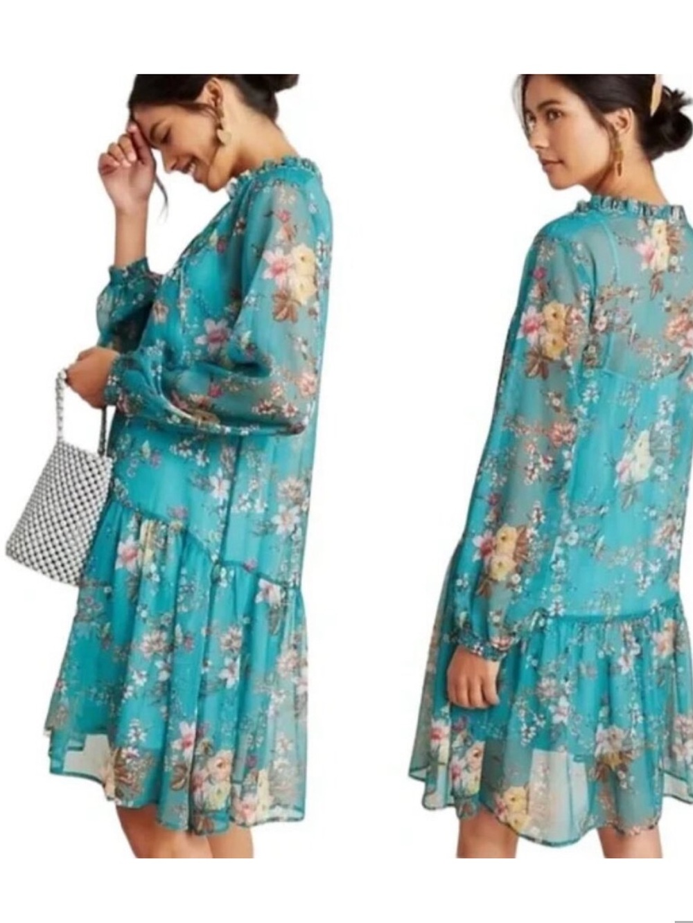 Anthropologie Maeve Emmy Tunic Floral Dress Size XS Long Sleeve Teal Boho Lined